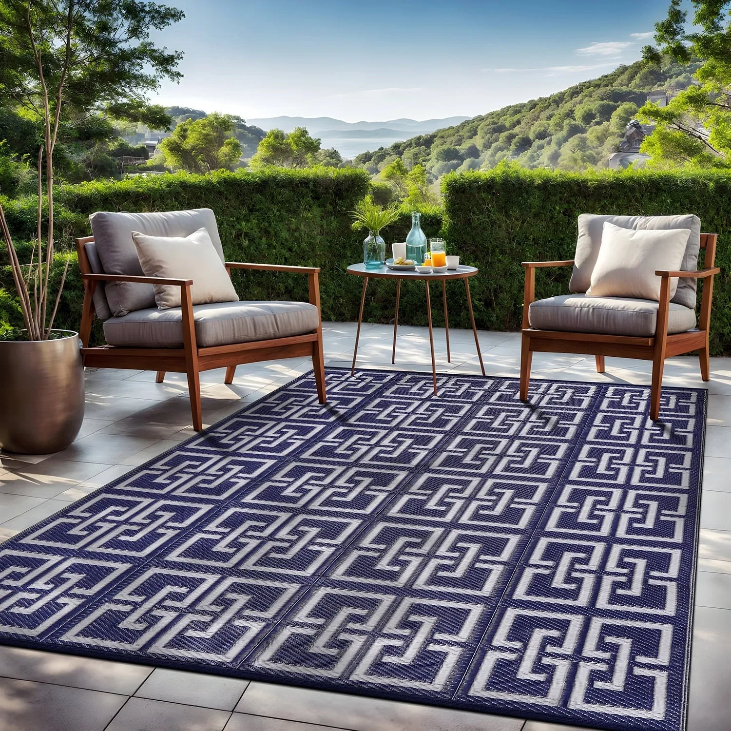Beverly Rug Geometric Greek Key Outdoor Rug Waterproof for Patio. RV Camping