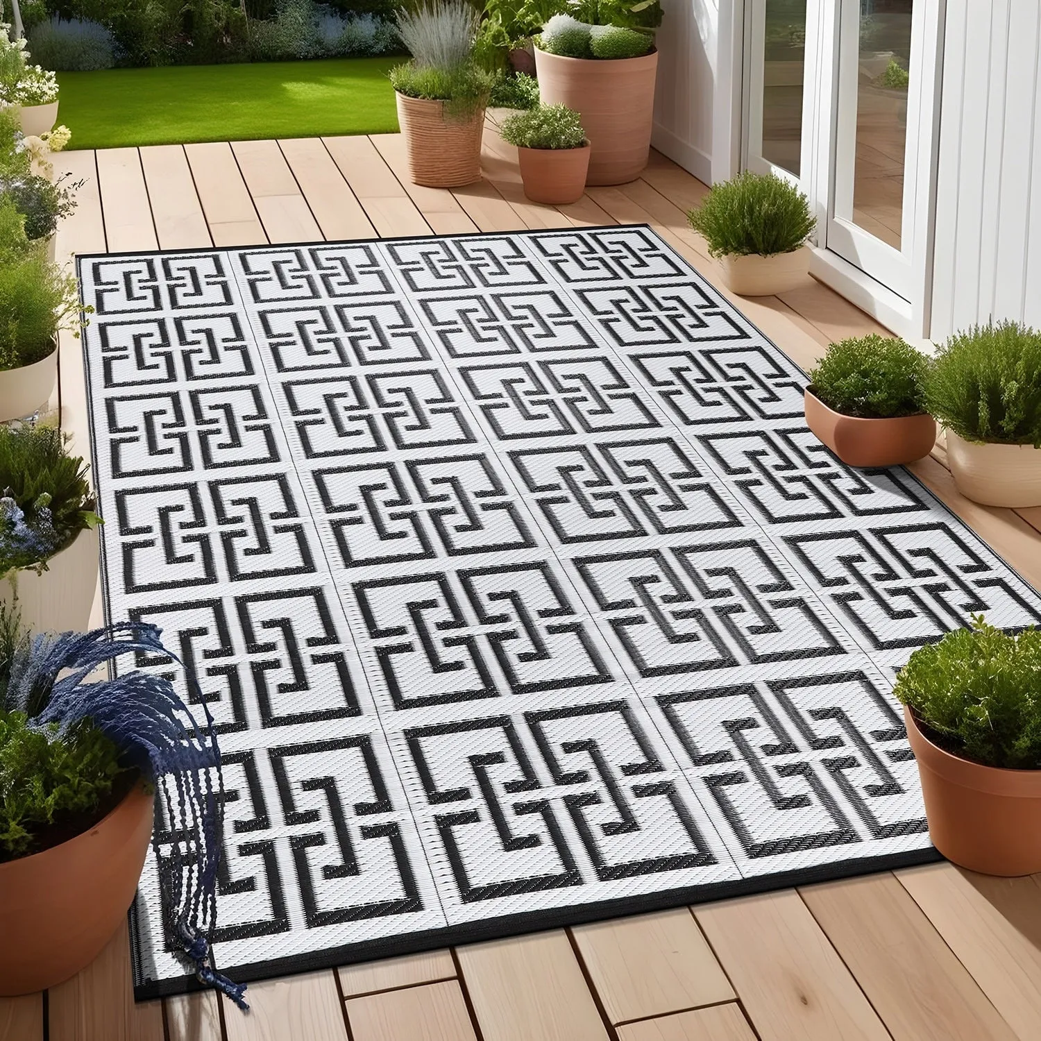 Beverly Rug Geometric Greek Key Outdoor Rug Waterproof for Patio. RV Camping