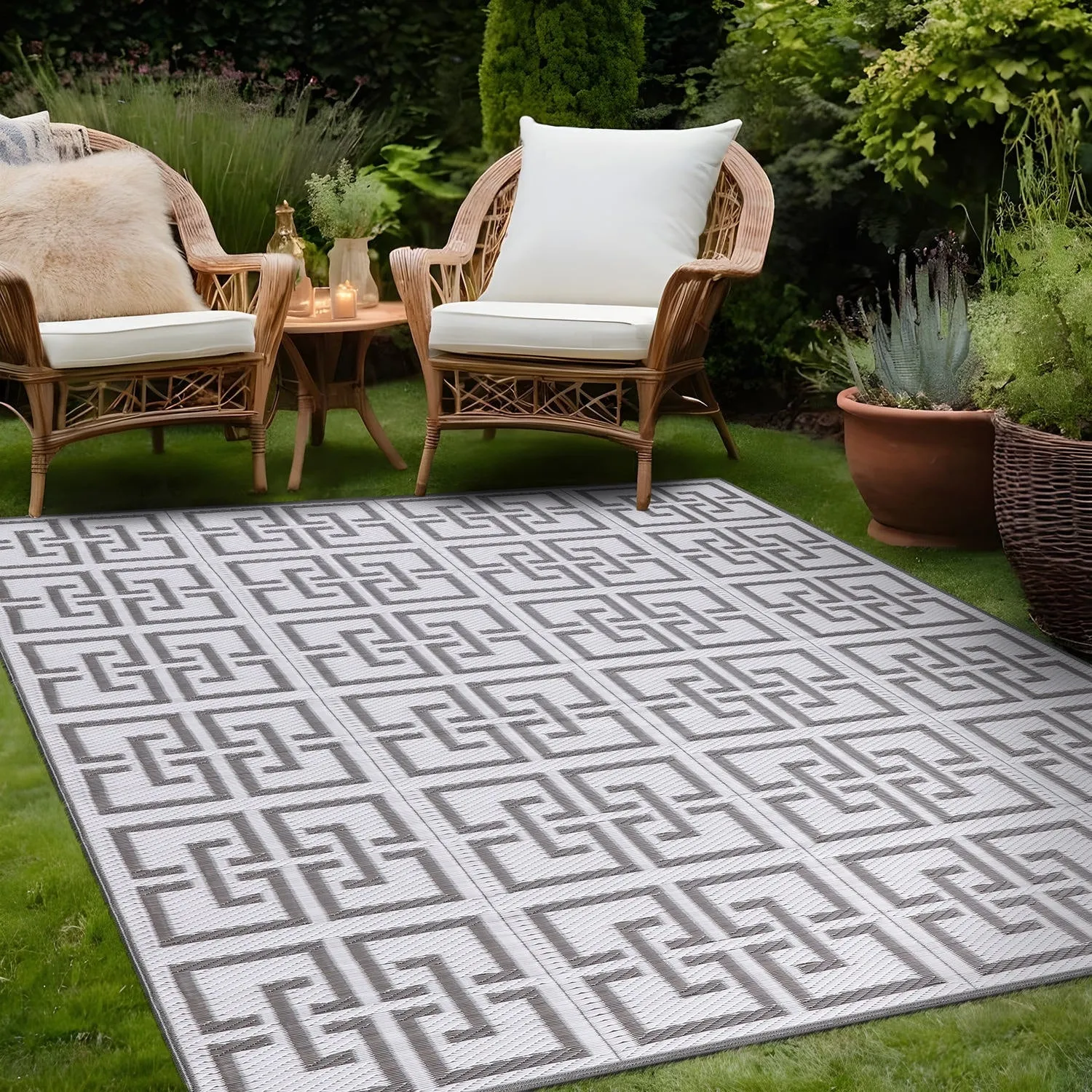 Beverly Rug Geometric Greek Key Outdoor Rug Waterproof for Patio. RV Camping