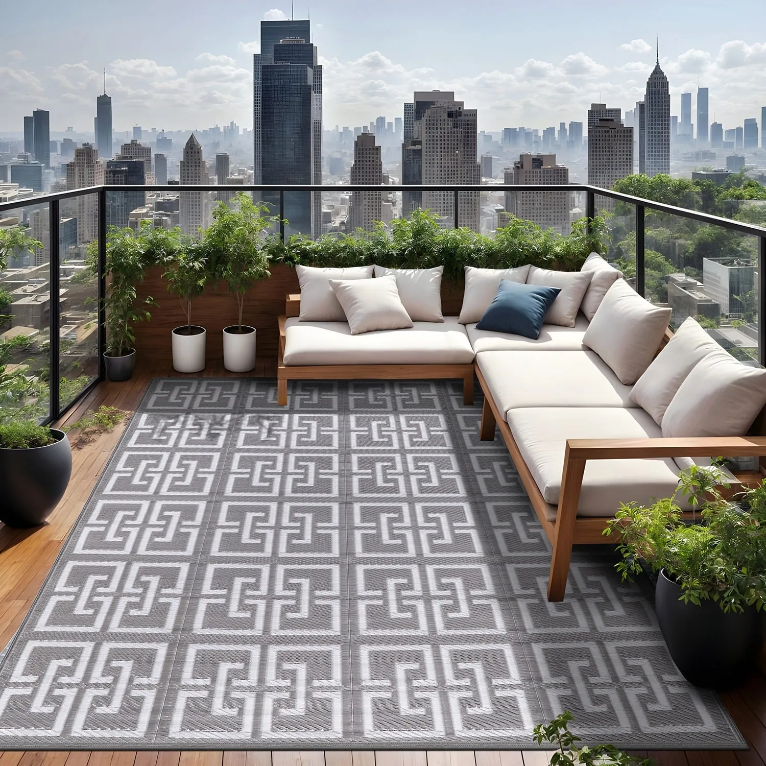 Beverly Rug Geometric Greek Key Outdoor Rug Waterproof for Patio. RV Camping