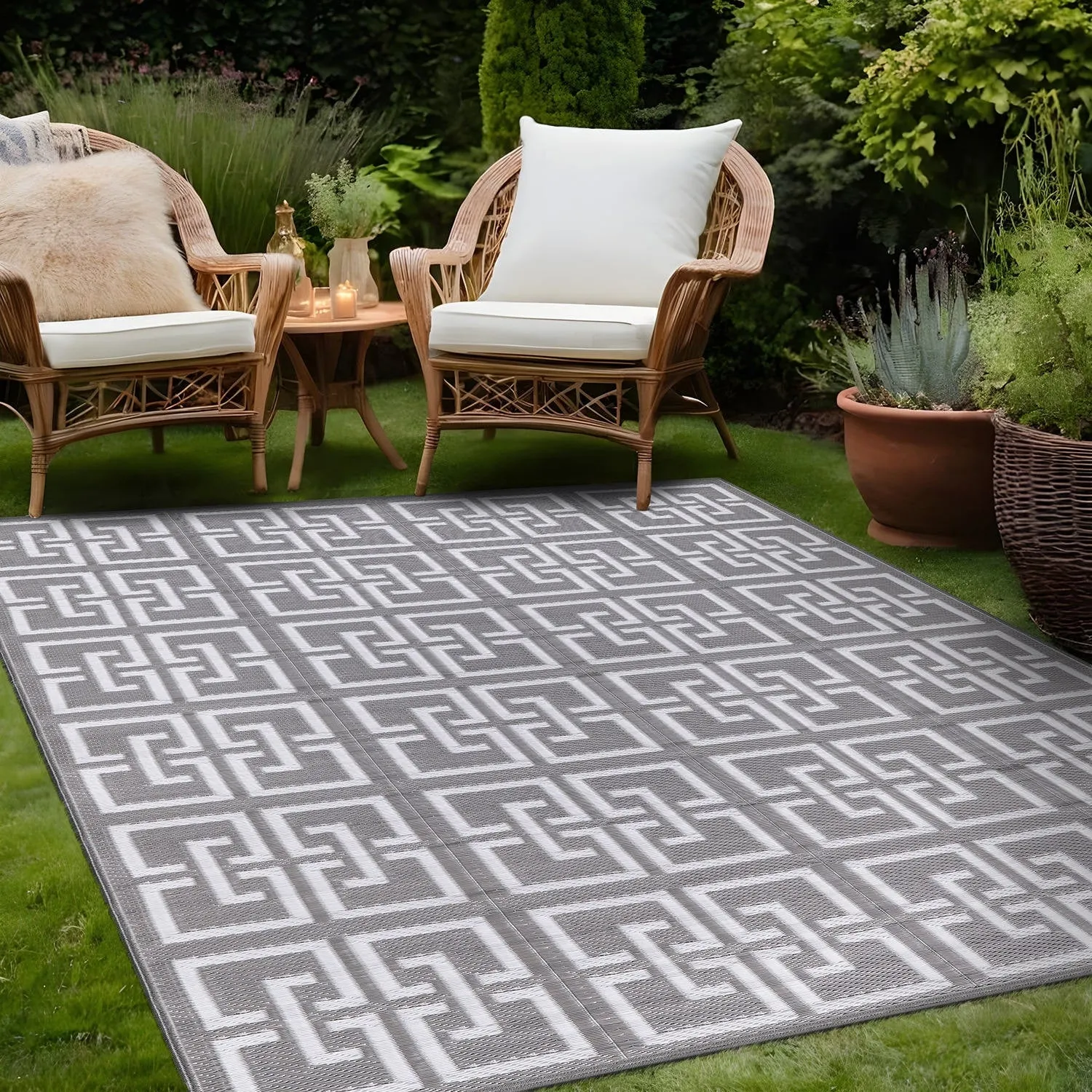Beverly Rug Geometric Greek Key Outdoor Rug Waterproof for Patio. RV Camping