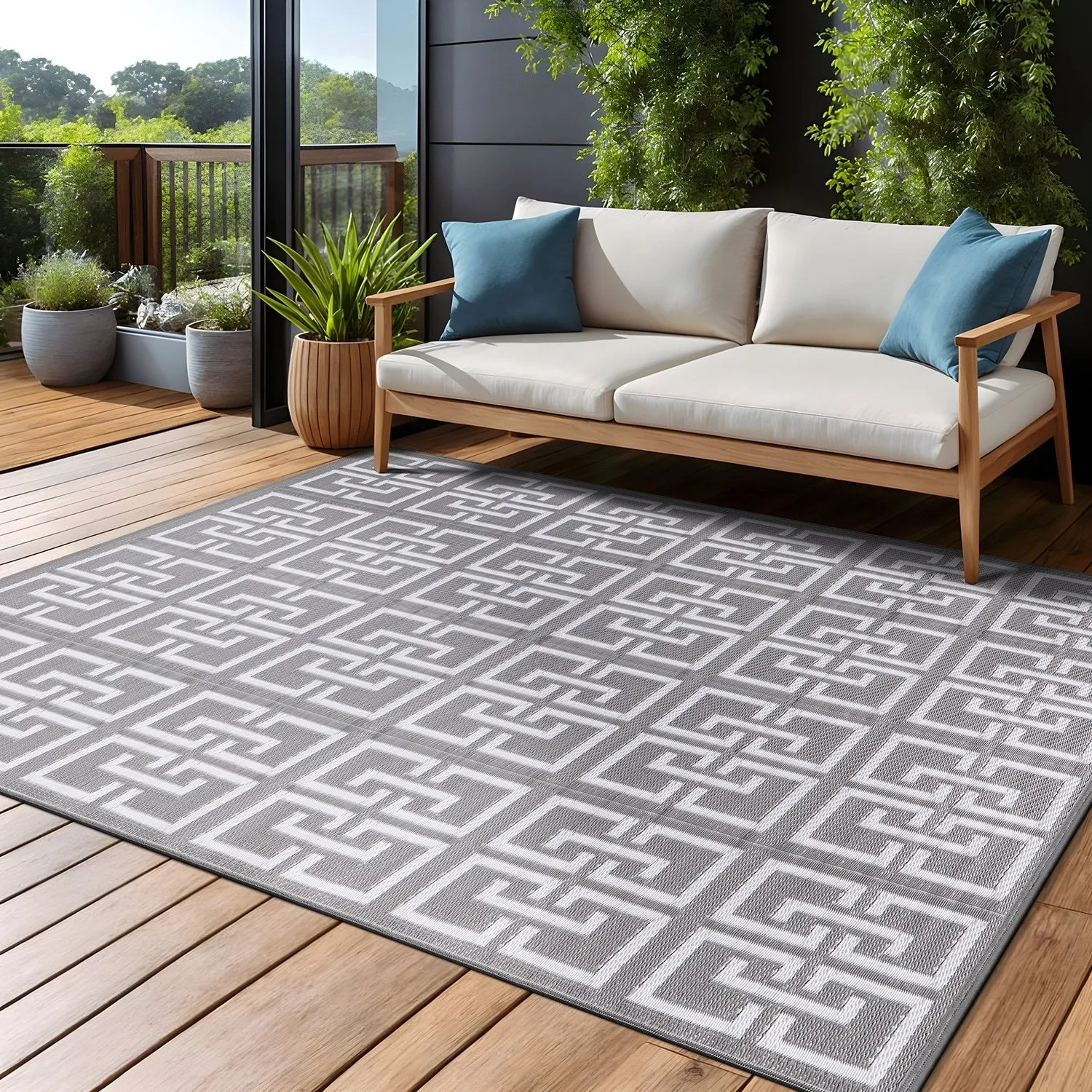 Beverly Rug Geometric Greek Key Outdoor Rug Waterproof for Patio. RV Camping