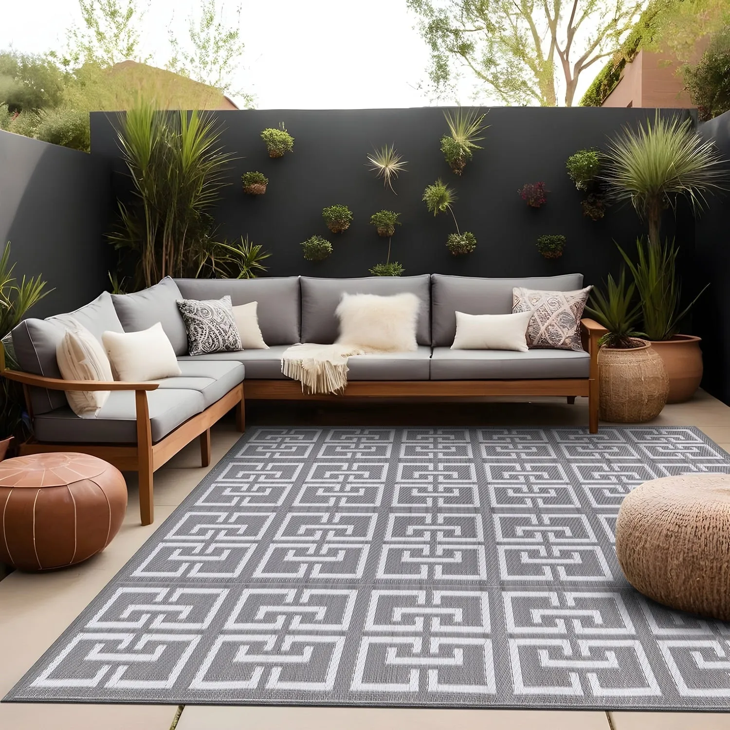 Beverly Rug Geometric Greek Key Outdoor Rug Waterproof for Patio. RV Camping