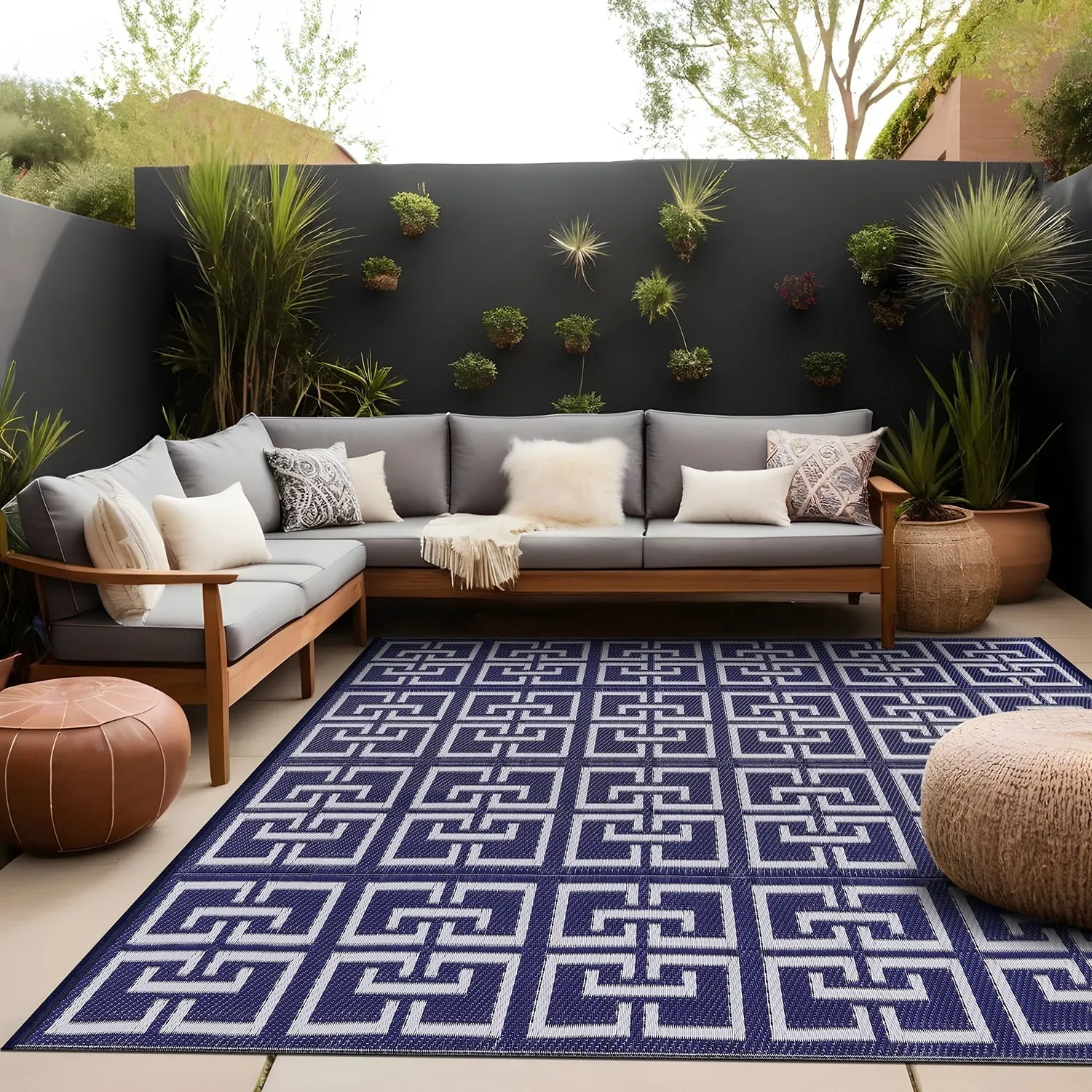 Beverly Rug Geometric Greek Key Outdoor Rug Waterproof for Patio. RV Camping