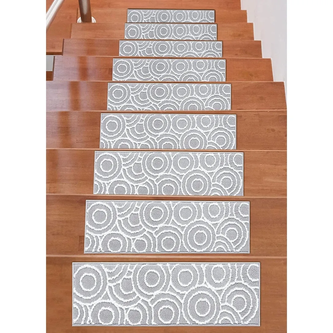 Beverly Rug Indoor Non Slip Carpet Stair Treads w/ Installed Tape 9x28 Circles Grey / Ivory