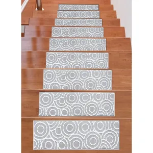 Beverly Rug Indoor Non Slip Carpet Stair Treads w/ Installed Tape 9x28 Circles Grey / Ivory