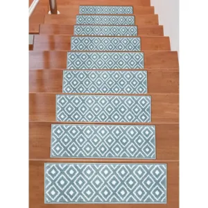 Beverly Rug Indoor Non Slip Carpet Stair Treads w/ Installed Tape 9x28 Medallion Teal / Ivory