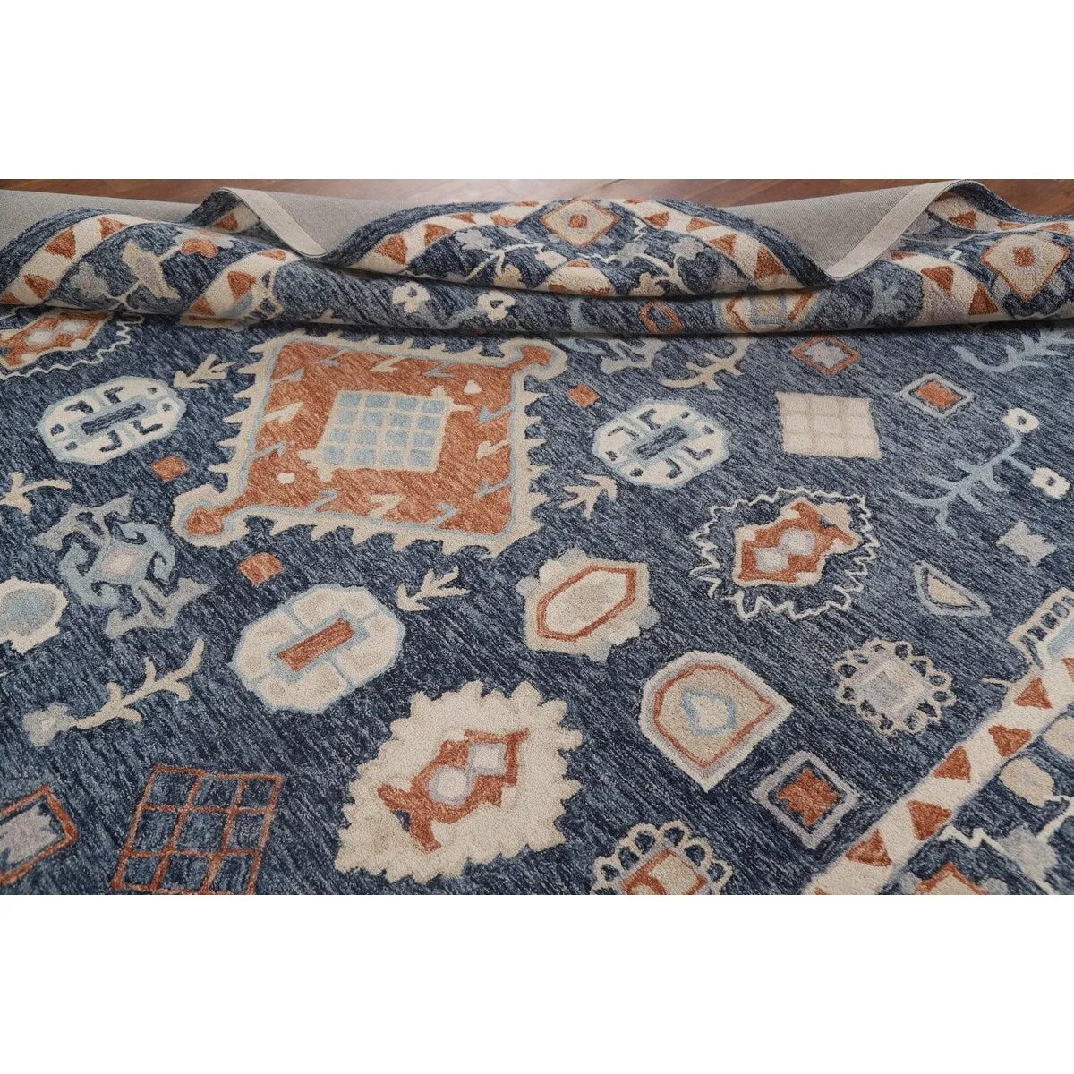 Blue Oriental Rug Traditional Hand-Tufted Wool Carpet
