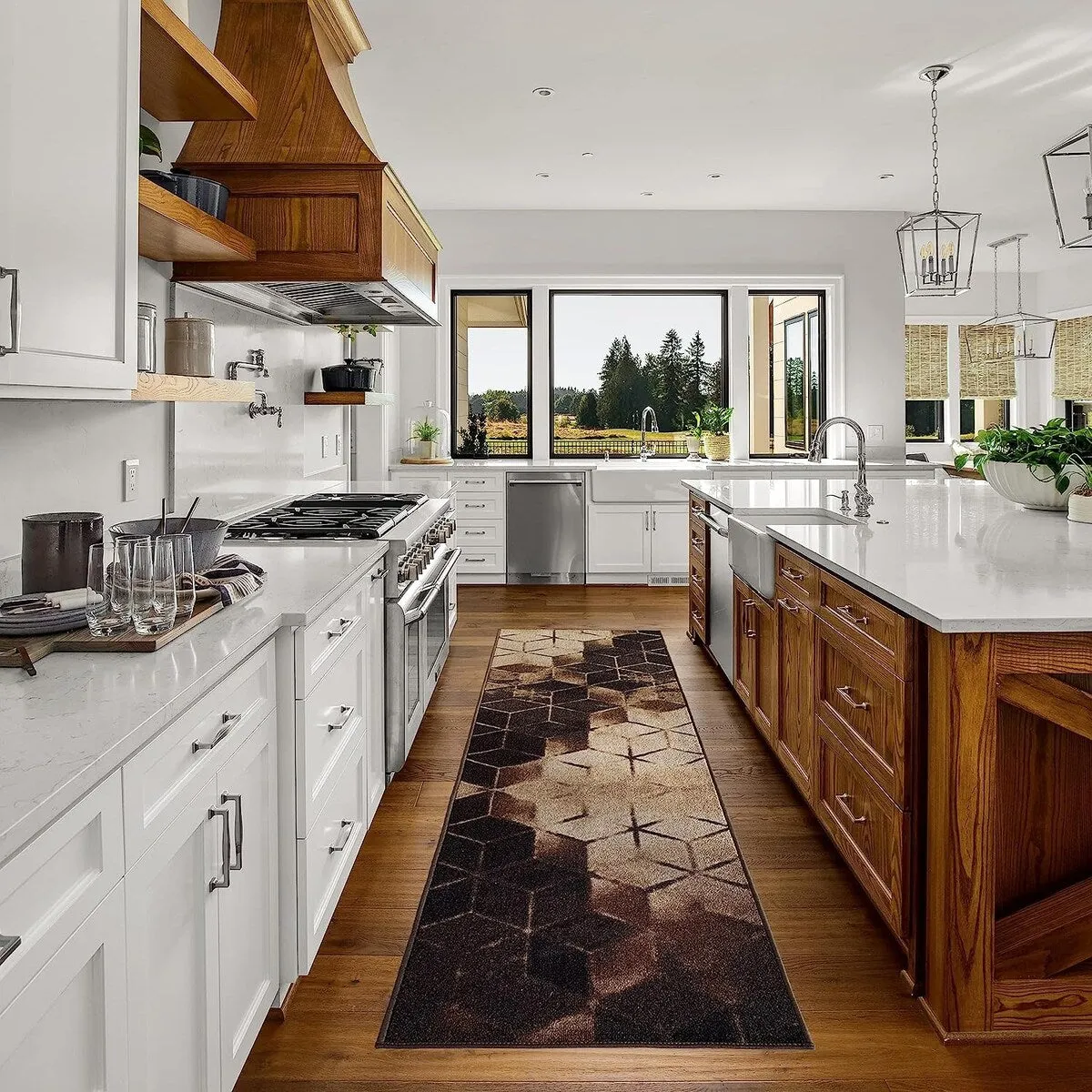 Custom Size Cubes Abstract Design Black.Brown Color Non-Slip Rubber Backing-26 Inch WidexYour Choice of Length Runner Rug