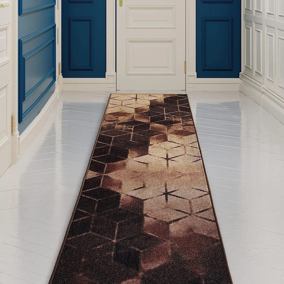 Custom Size Cubes Abstract Design Black.Brown Color Non-Slip Rubber Backing-26 Inch WidexYour Choice of Length Runner Rug