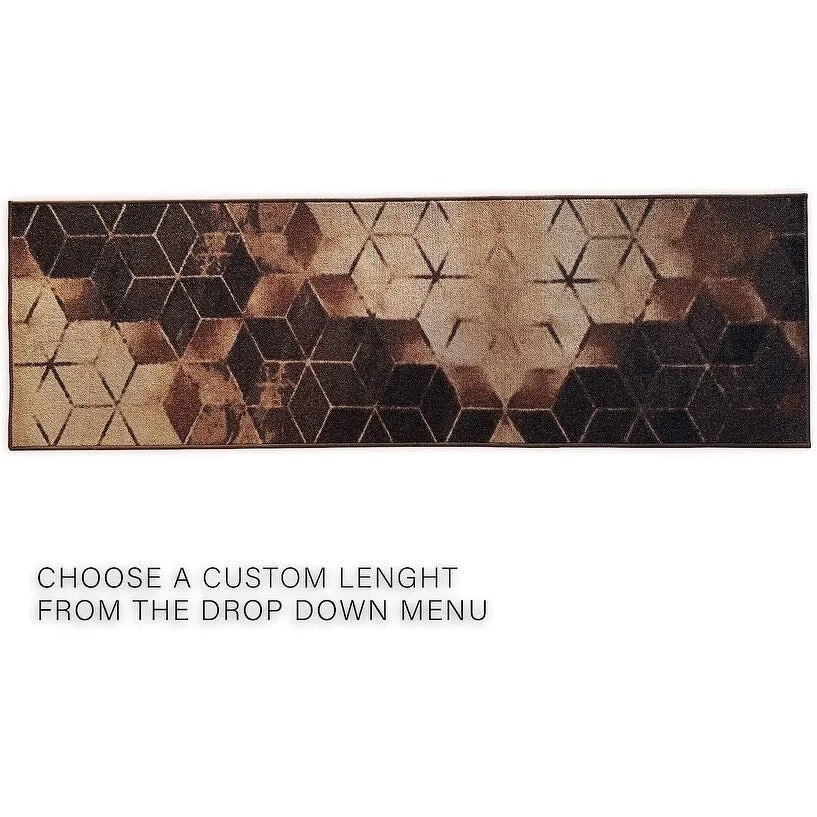 Custom Size Cubes Abstract Design Black.Brown Color Non-Slip Rubber Backing-26 Inch WidexYour Choice of Length Runner Rug