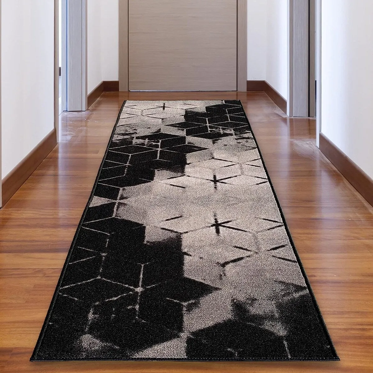 Custom Size Cubes Abstract Design Black.Brown Color Non-Slip Rubber Backing-26 Inch WidexYour Choice of Length Runner Rug