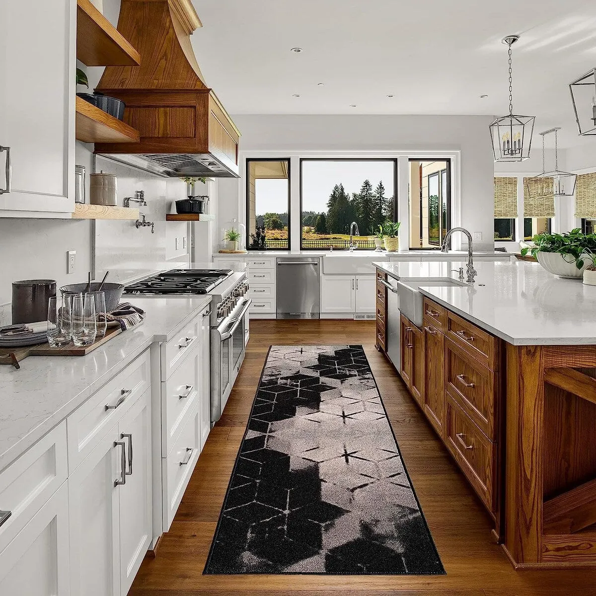 Custom Size Cubes Abstract Design Black.Brown Color Non-Slip Rubber Backing-26 Inch WidexYour Choice of Length Runner Rug