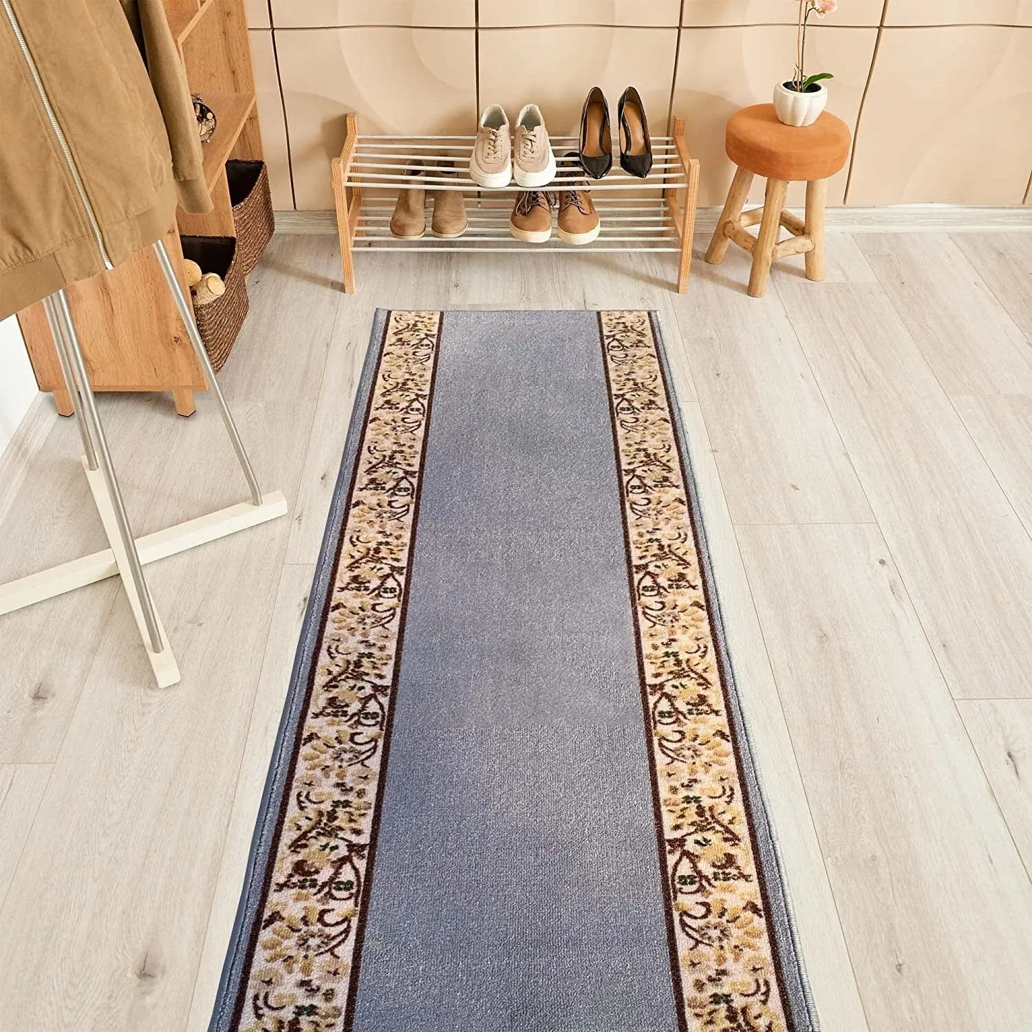Custom Size Flower Bordered 31 Inch Wide Non-Slip Stair Runner Rug