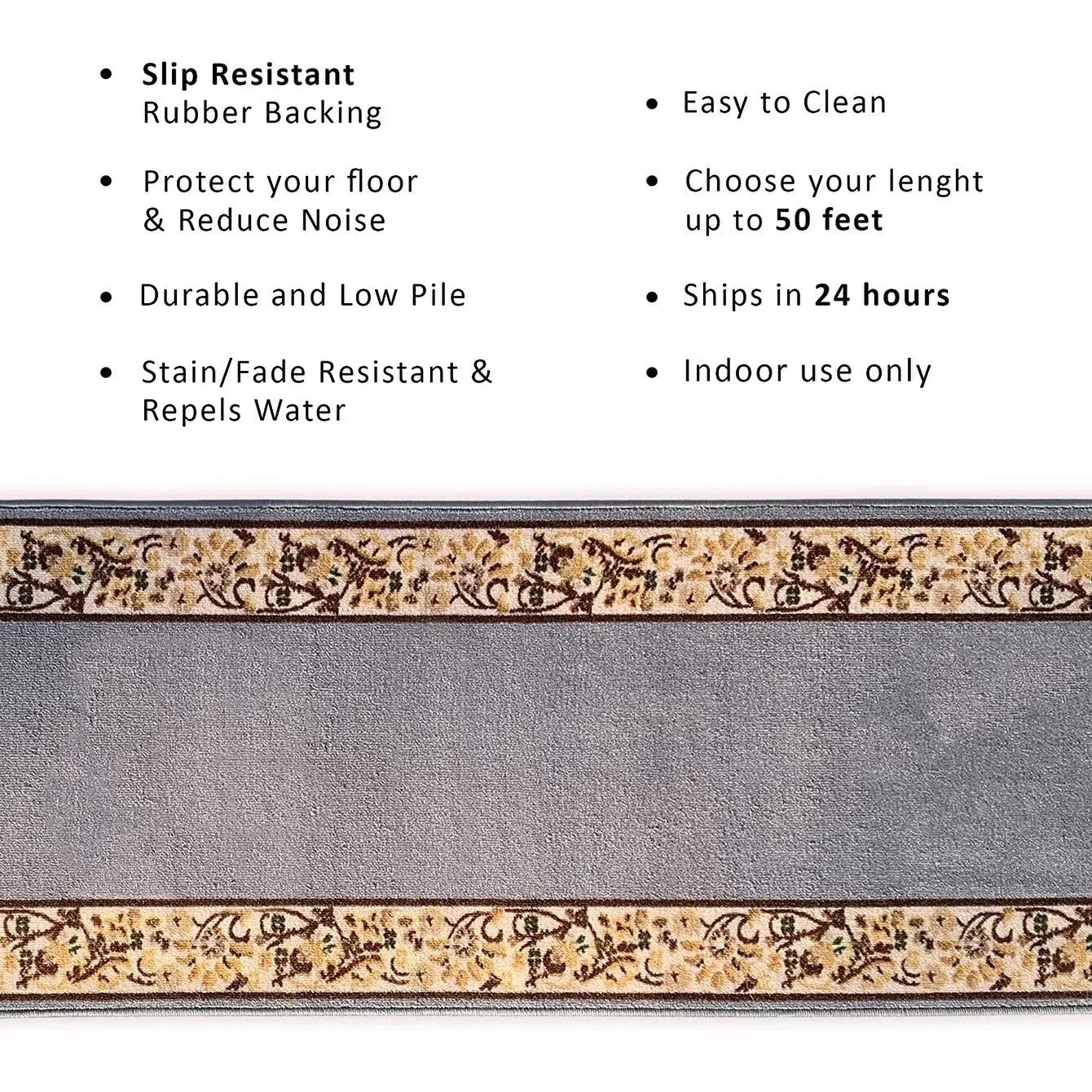 Custom Size Flower Bordered 31 Inch Wide Non-Slip Stair Runner Rug