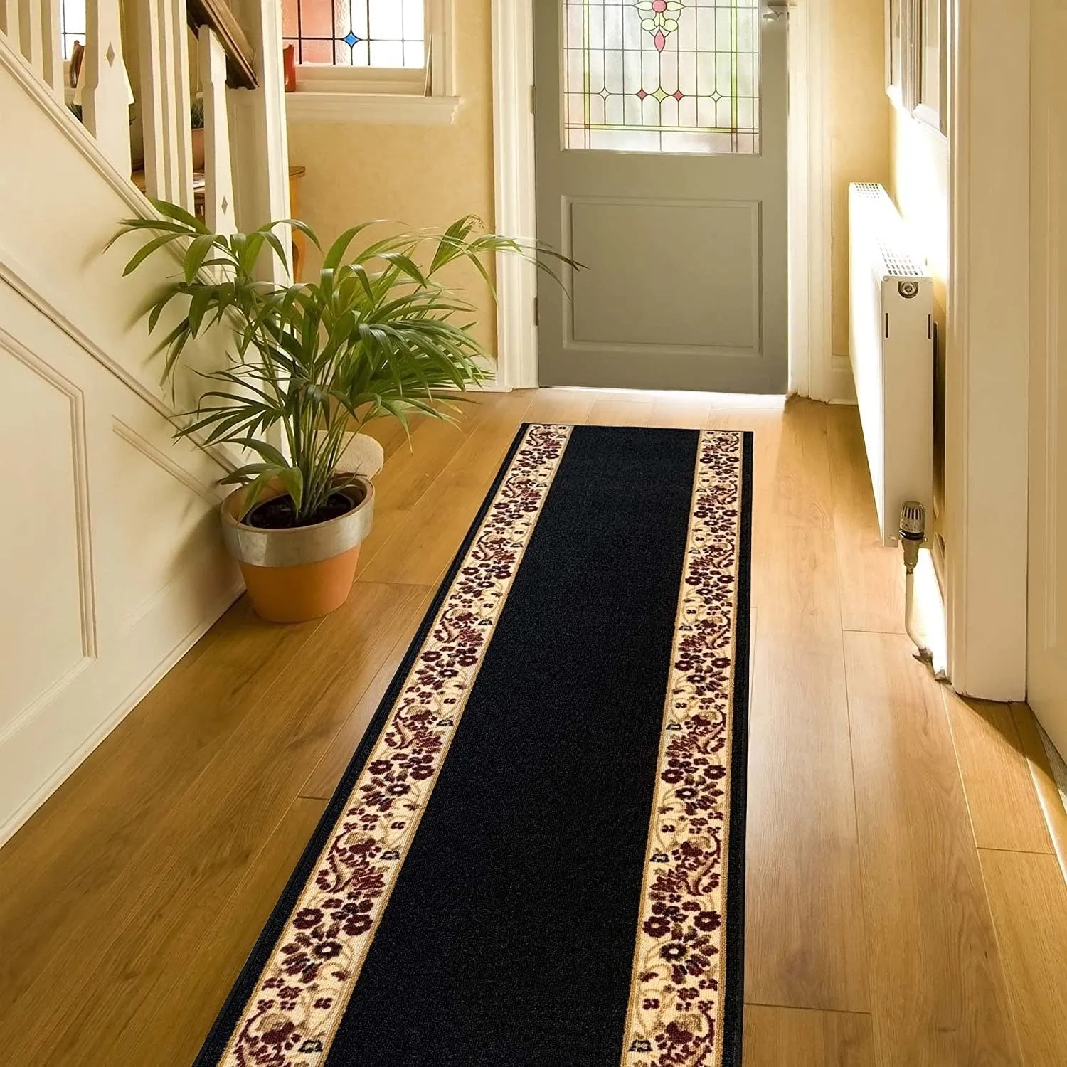 Custom Size Flower Bordered 31 Inch Wide Non-Slip Stair Runner Rug