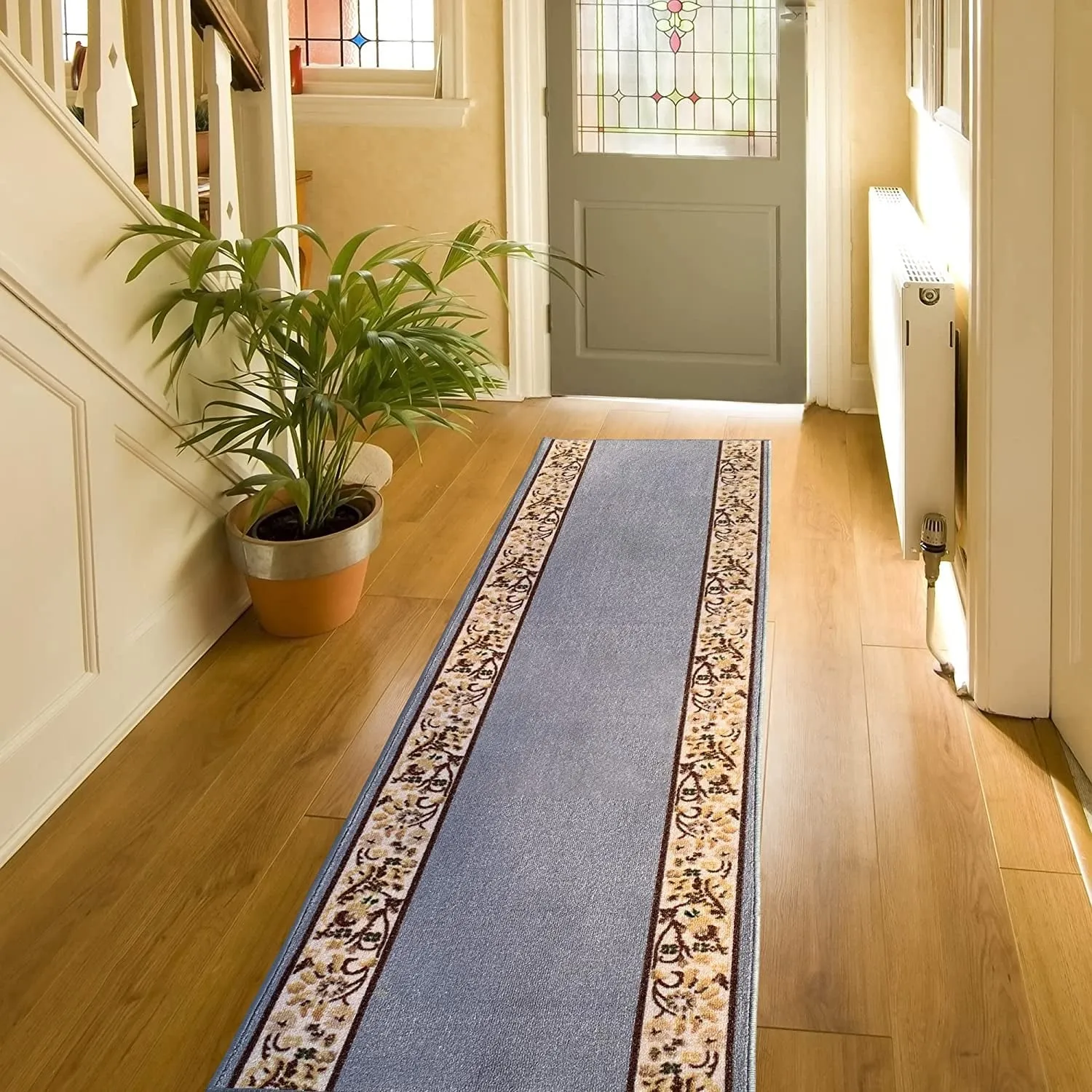 Custom Size Flower Bordered 31 Inch Wide Non-Slip Stair Runner Rug