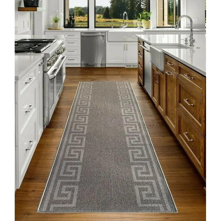 Custom Size Greek Key Design Gray .Dark Gray Color Non-Slip Rubber Backing-26 Inch WidexYour Choice of Length Runner Rug
