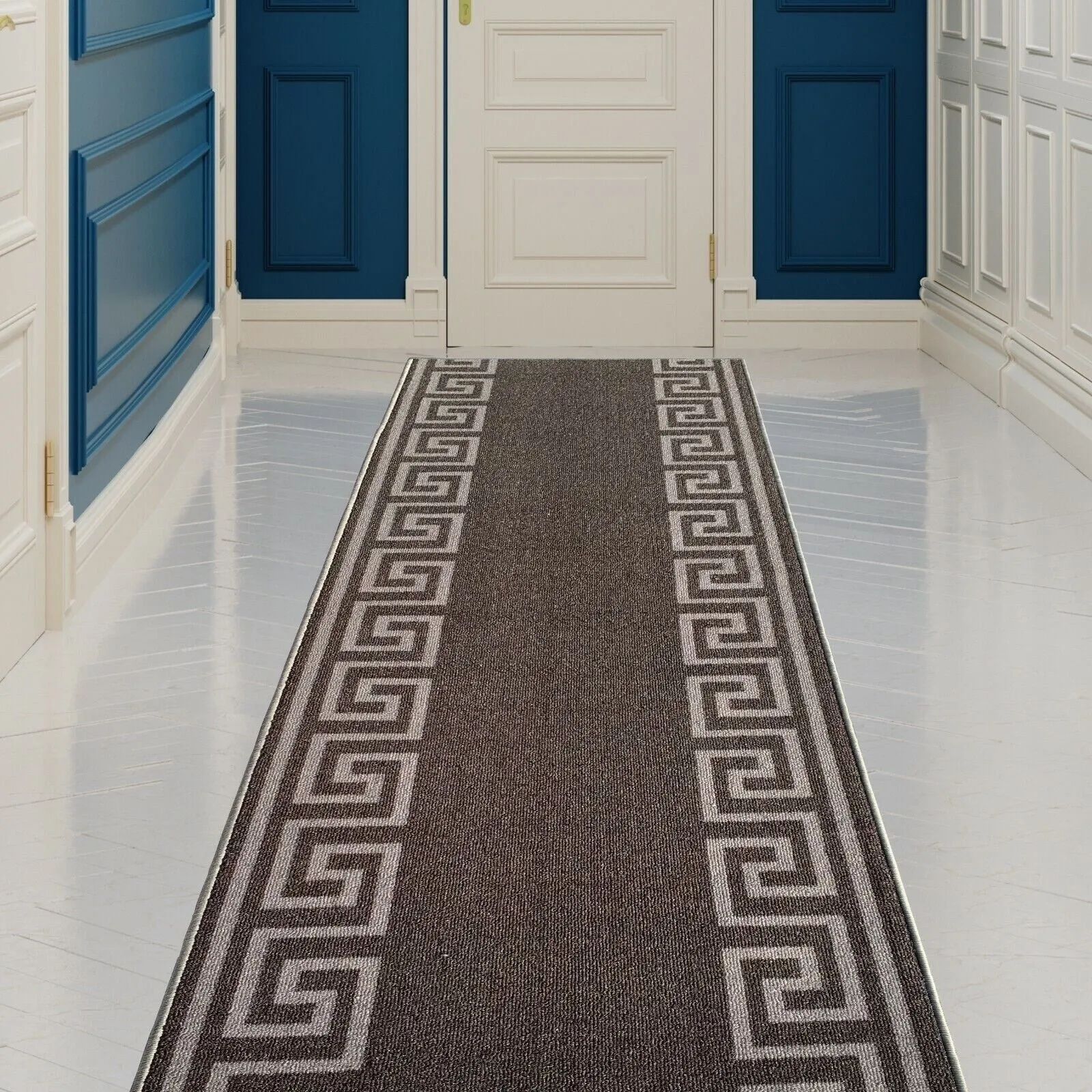 Custom Size Greek Key Design Gray .Dark Gray Color Non-Slip Rubber Backing-26 Inch WidexYour Choice of Length Runner Rug