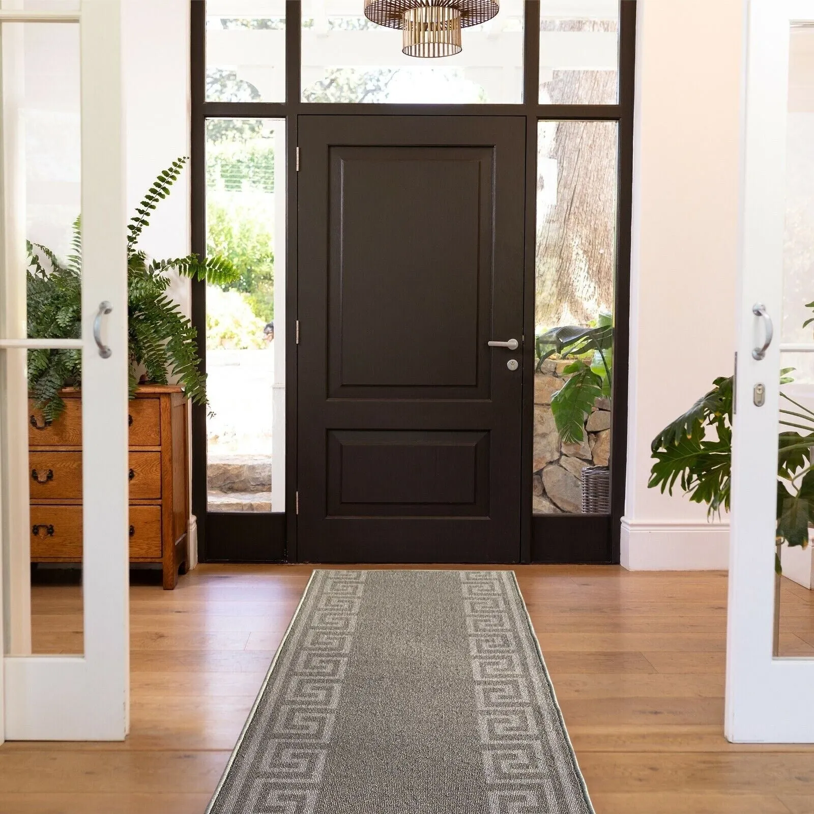 Custom Size Greek Key Design Gray .Dark Gray Color Non-Slip Rubber Backing-26 Inch WidexYour Choice of Length Runner Rug