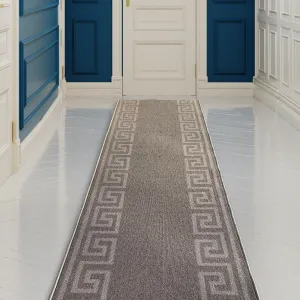 Custom Size Greek Key Design Gray .Dark Gray Color Non-Slip Rubber Backing-26 Inch WidexYour Choice of Length Runner Rug