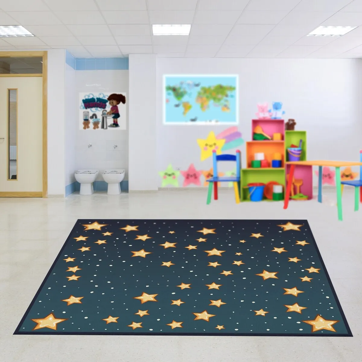 Deerlux 6 ft. Social Distancing Colorful Kids Classroom Seating Area Rug. Starry Sky Design