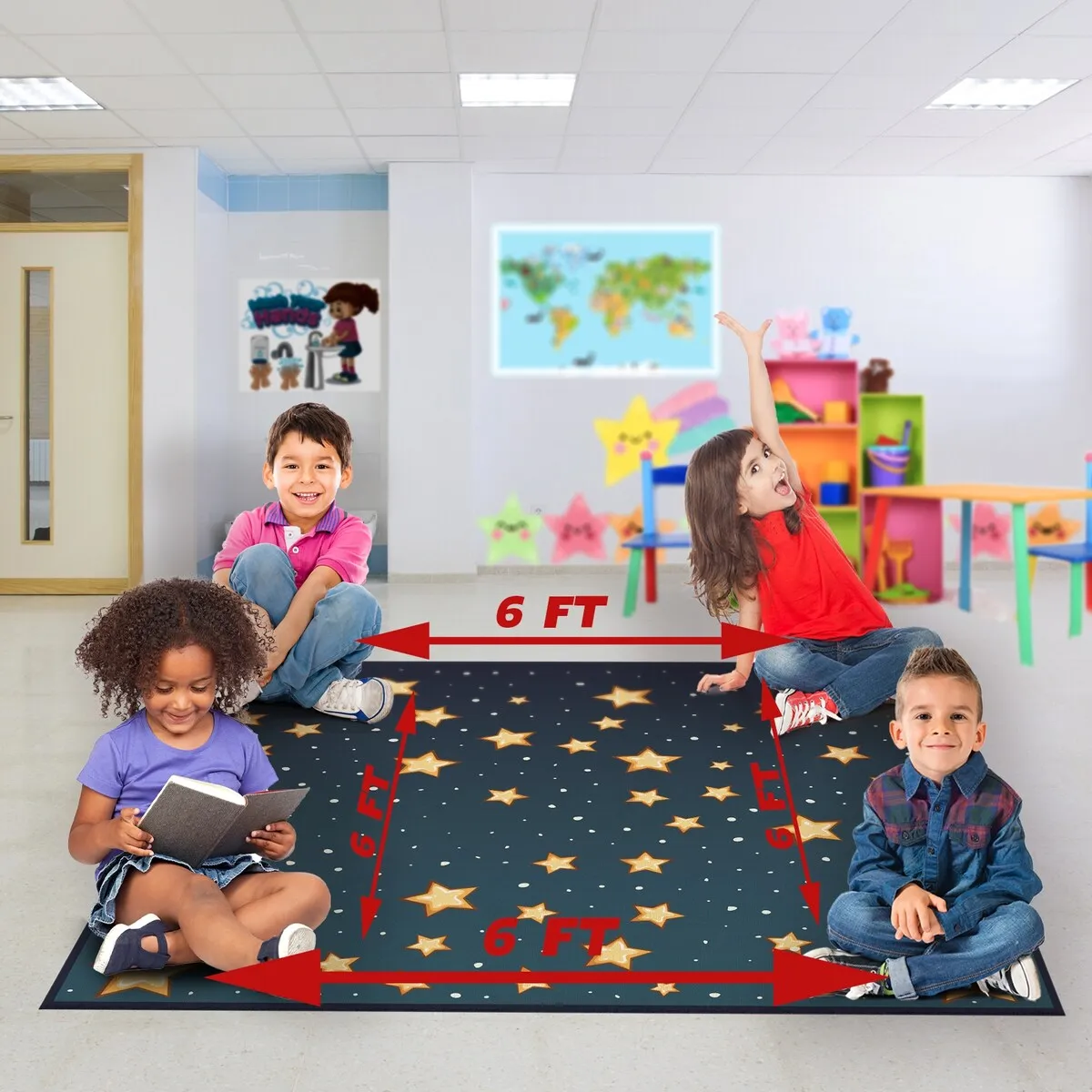 Deerlux 6 ft. Social Distancing Colorful Kids Classroom Seating Area Rug. Starry Sky Design