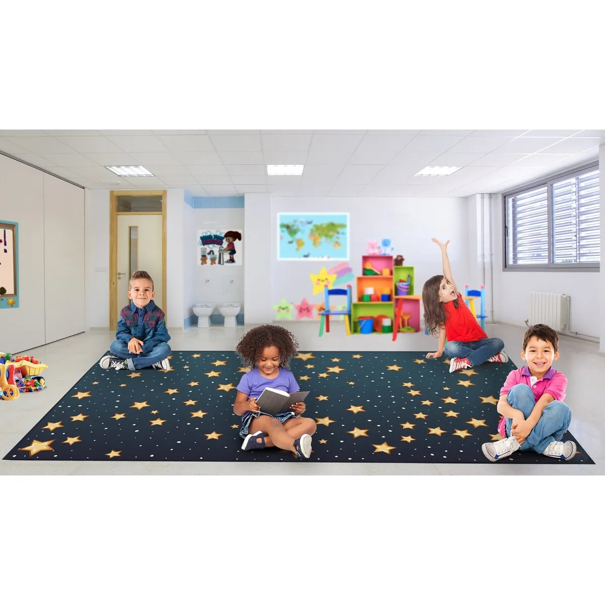Deerlux 6 ft. Social Distancing Colorful Kids Classroom Seating Area Rug. Starry Sky Design