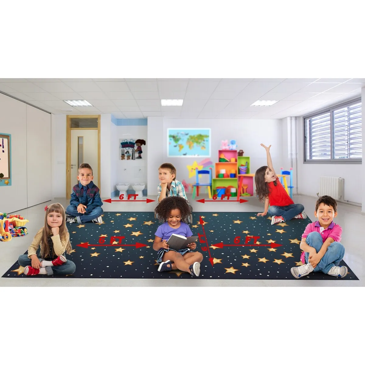 Deerlux 6 ft. Social Distancing Colorful Kids Classroom Seating Area Rug. Starry Sky Design