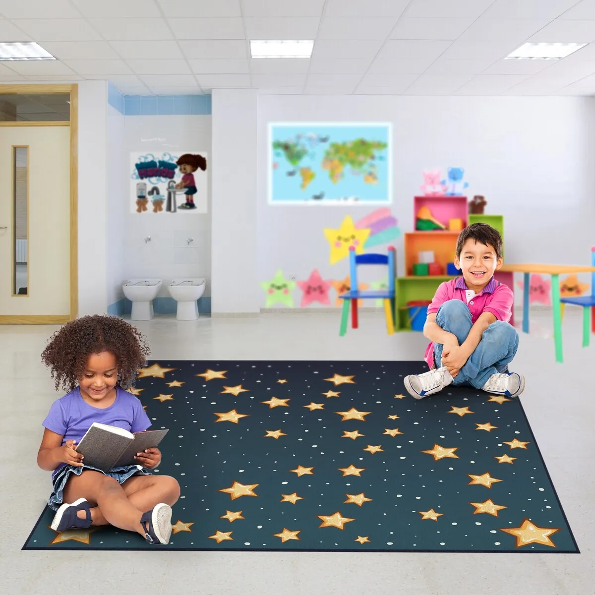 Deerlux 6 ft. Social Distancing Colorful Kids Classroom Seating Area Rug. Starry Sky Design