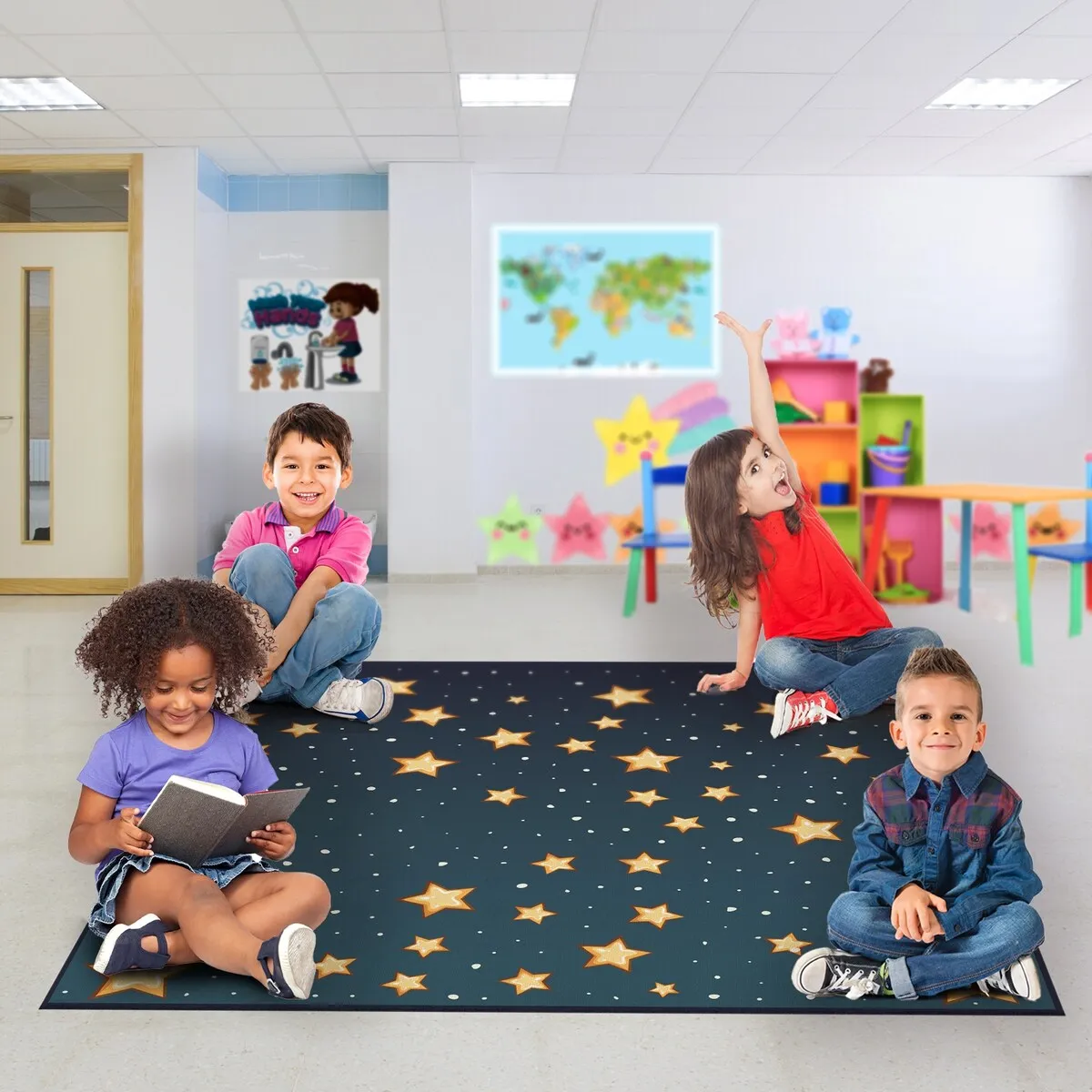Deerlux 6 ft. Social Distancing Colorful Kids Classroom Seating Area Rug. Starry Sky Design