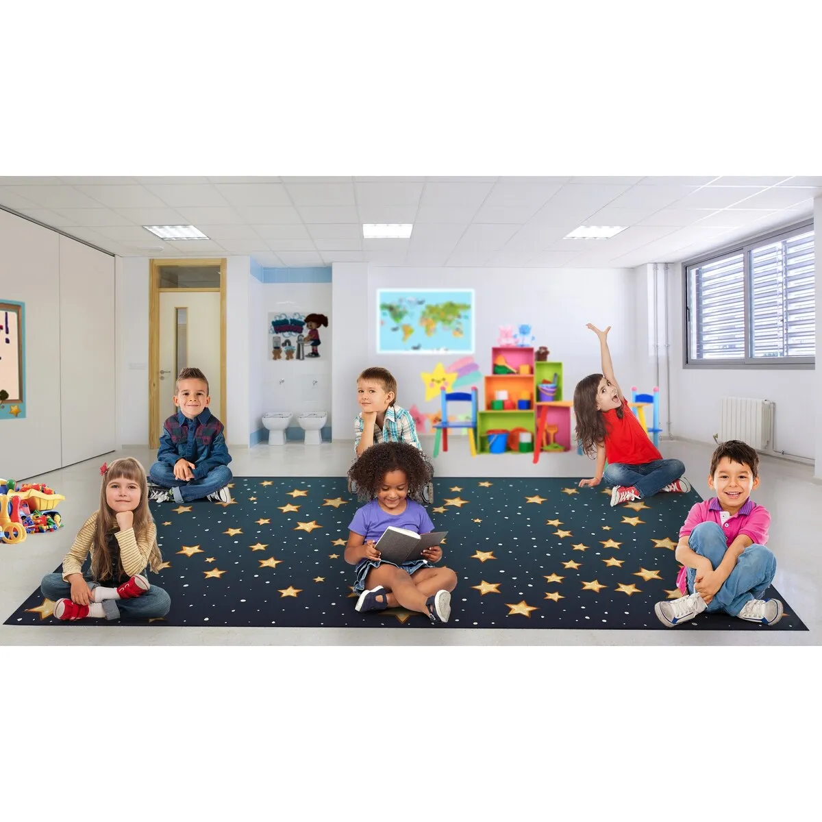 Deerlux 6 ft. Social Distancing Colorful Kids Classroom Seating Area Rug. Starry Sky Design