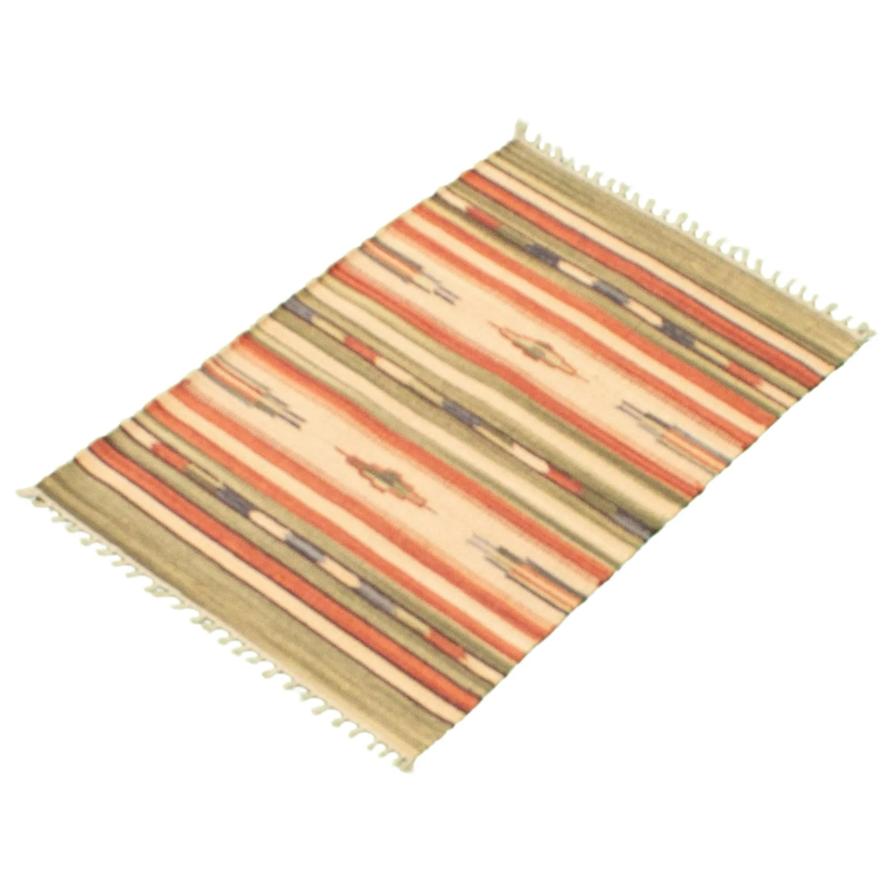 ECARPETGALLERY Flat-weave Bold and Colorful Cream. Olive Wool Kilim - 2'0 x 3'0
