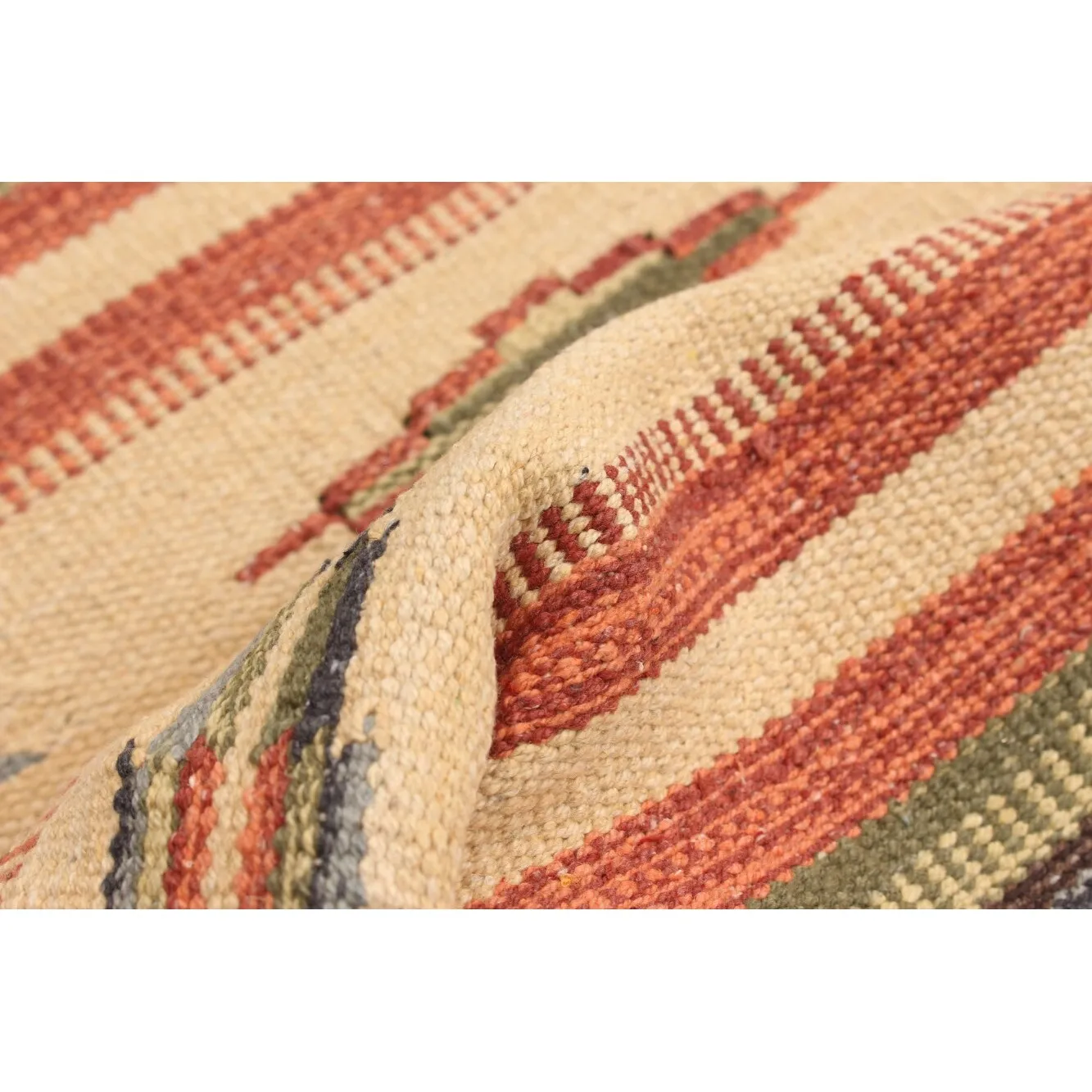 ECARPETGALLERY Flat-weave Bold and Colorful Cream. Olive Wool Kilim - 2'0 x 3'0