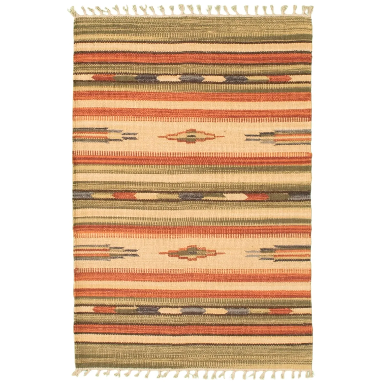 ECARPETGALLERY Flat-weave Bold and Colorful Cream. Olive Wool Kilim - 2'0 x 3'0
