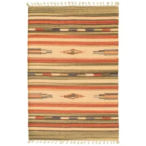 ECARPETGALLERY Flat-weave Bold and Colorful Cream. Olive Wool Kilim - 2'0 x 3'0