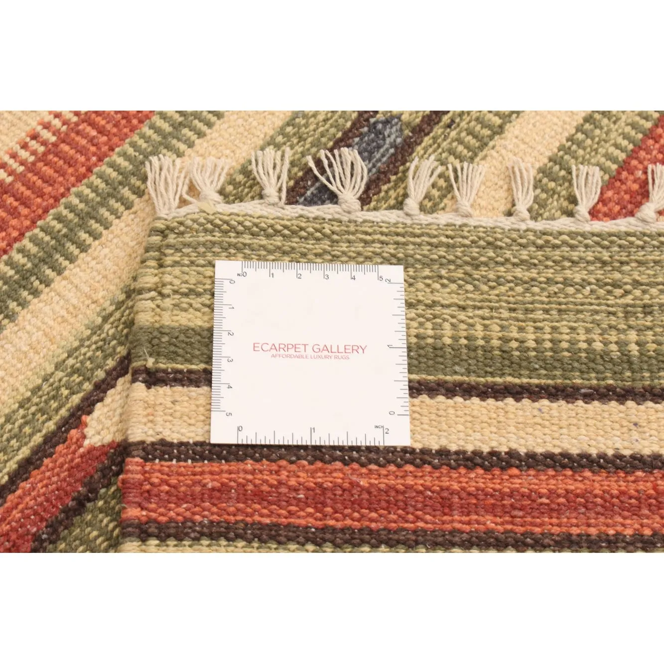 ECARPETGALLERY Flat-weave Bold and Colorful Cream. Olive Wool Kilim - 2'0 x 3'0
