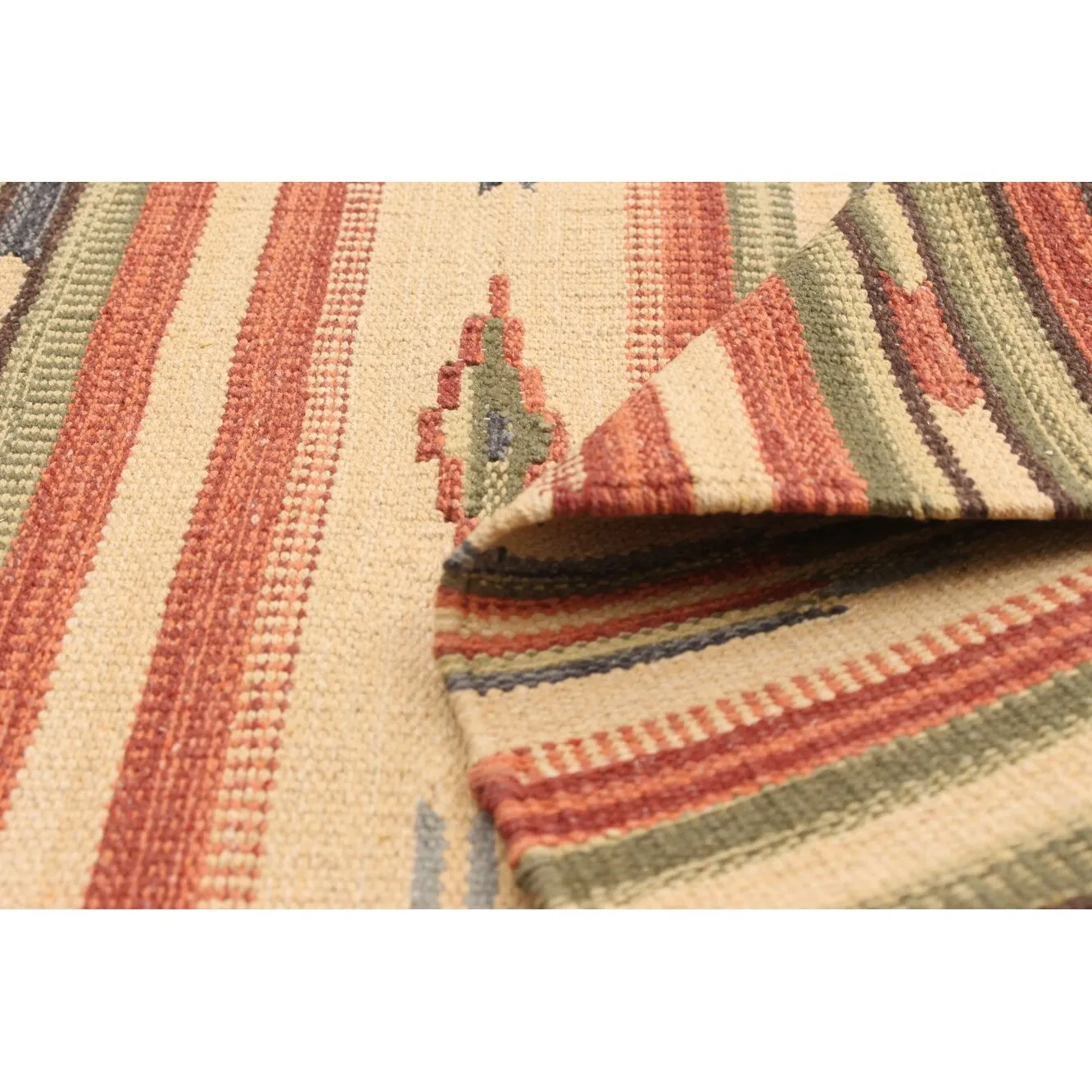 ECARPETGALLERY Flat-weave Bold and Colorful Cream. Olive Wool Kilim - 2'0 x 3'0