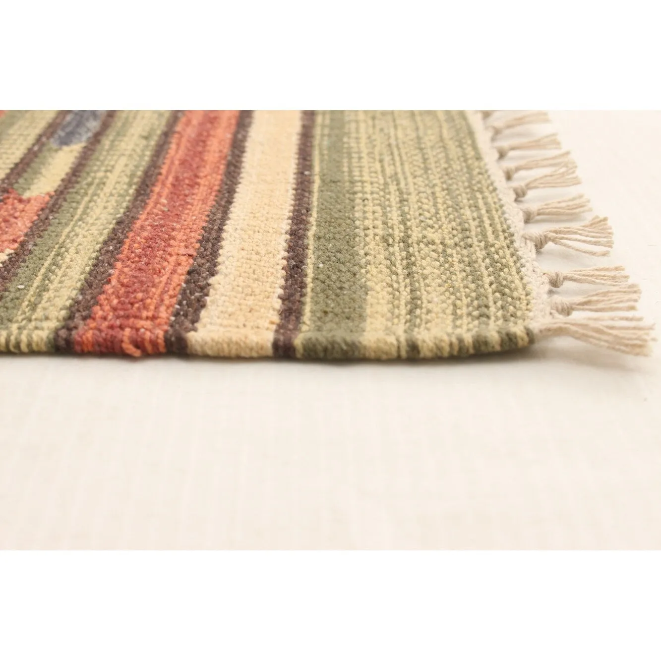 ECARPETGALLERY Flat-weave Bold and Colorful Cream. Olive Wool Kilim - 2'0 x 3'0
