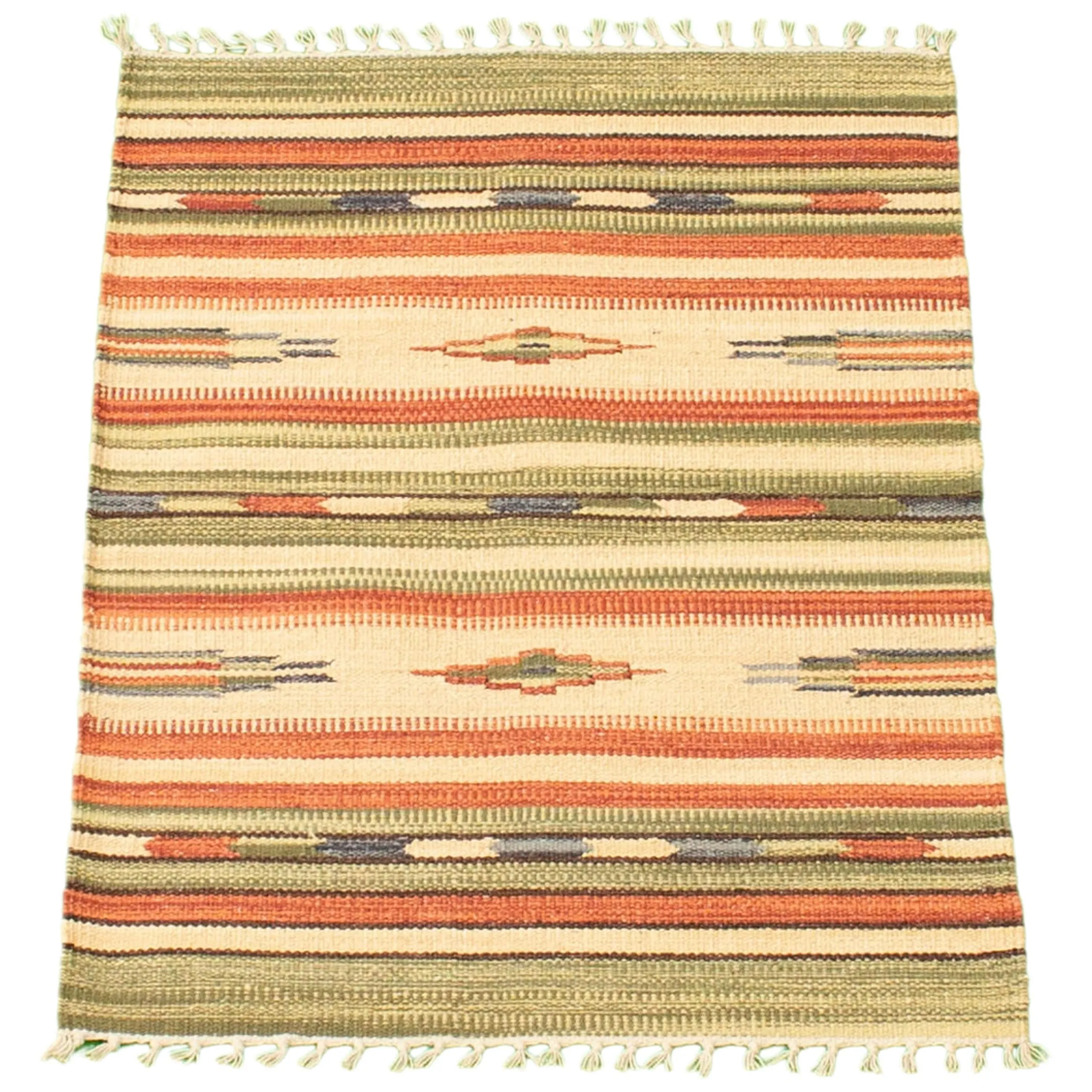 ECARPETGALLERY Flat-weave Bold and Colorful Cream. Olive Wool Kilim - 2'0 x 3'0