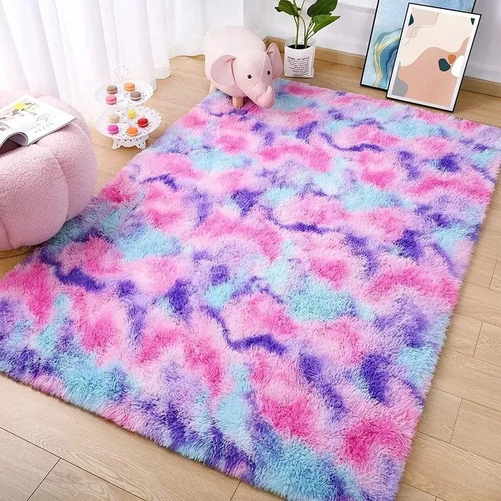 Fluffy Rainbow Nursery Rugs for Girls Kids Play Room Mats