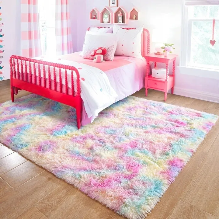 Fluffy Rainbow Nursery Rugs for Girls Kids Play Room Mats
