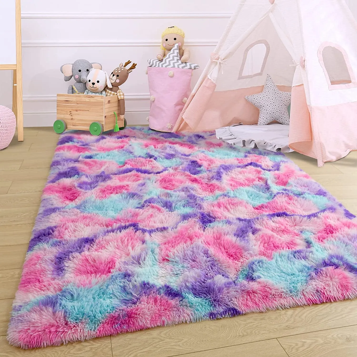 Fluffy Rainbow Nursery Rugs for Girls Kids Play Room Mats