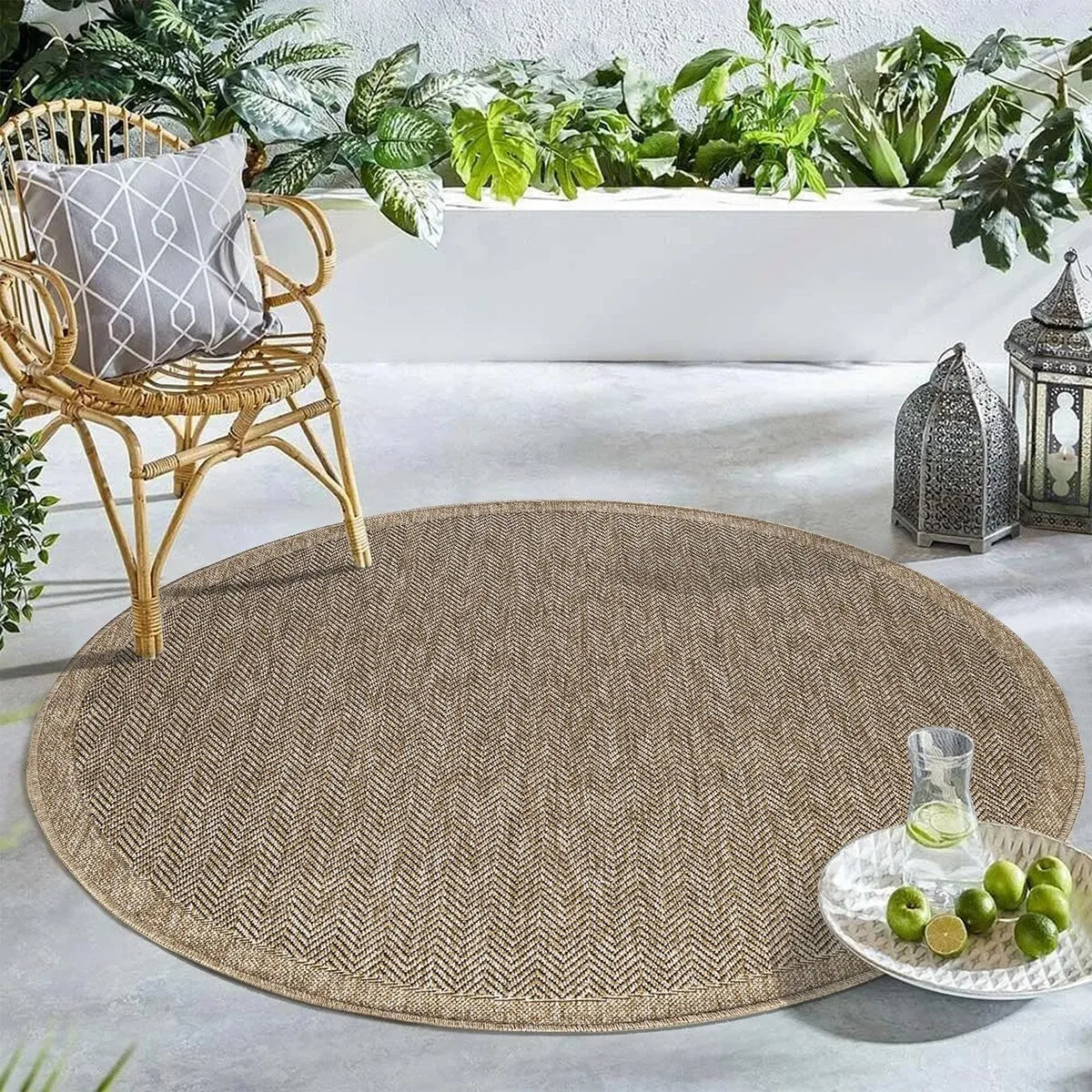 GAD - Classical Sisal-Inspired Indoor Outdoor Area Rug. Medallion. Bordered. Geometric Pattern. Fade and Stain Resistant