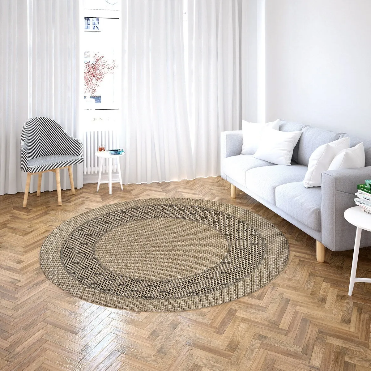 GAD - Classical Sisal-Inspired Indoor Outdoor Area Rug. Medallion. Bordered. Geometric Pattern. Fade and Stain Resistant