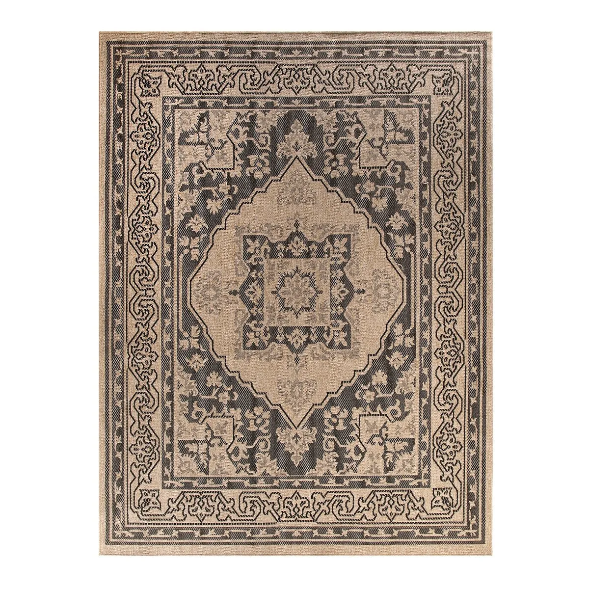 GAD - Classical Sisal-Inspired Indoor Outdoor Area Rug. Medallion. Bordered. Geometric Pattern. Fade and Stain Resistant