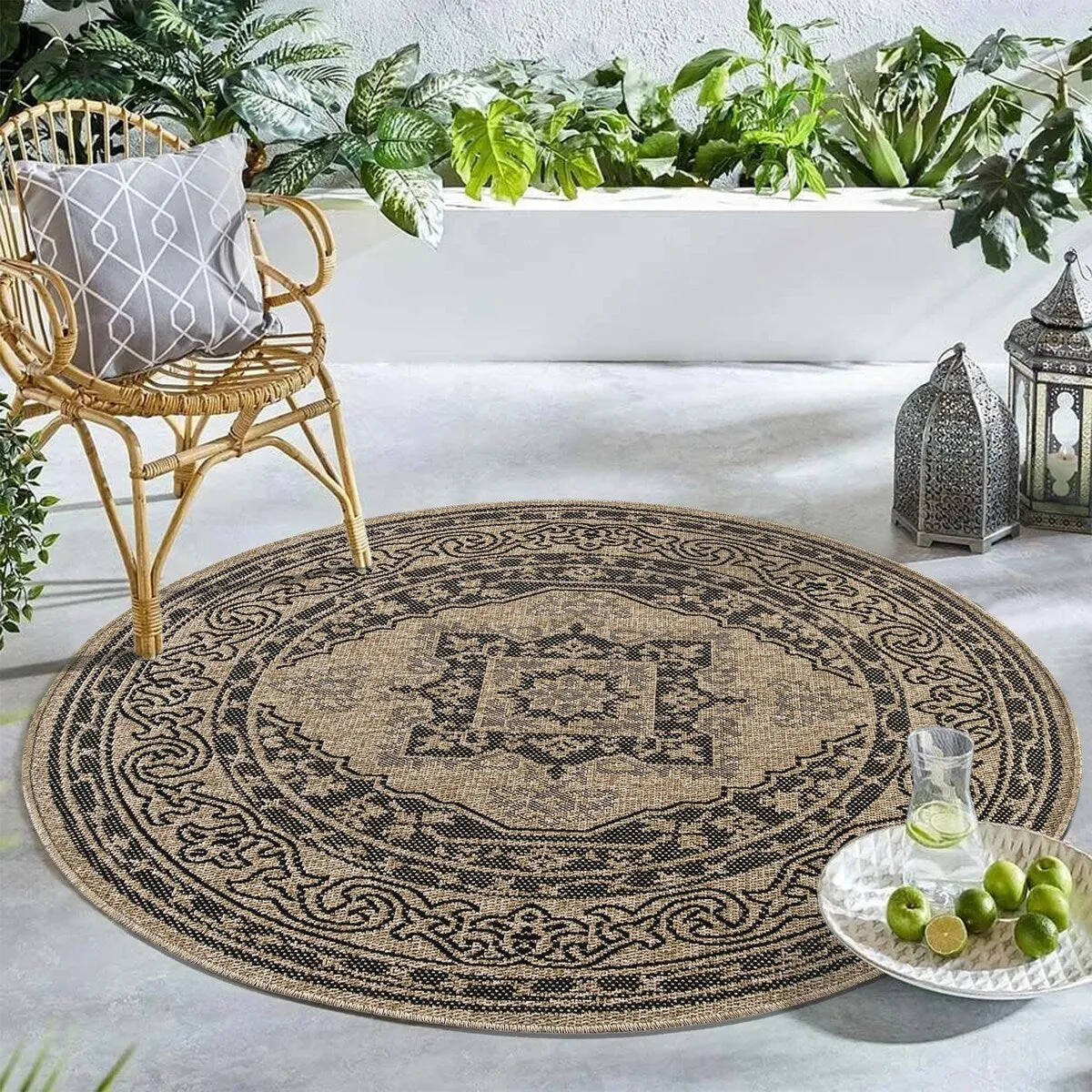GAD - Classical Sisal-Inspired Indoor Outdoor Area Rug. Medallion. Bordered. Geometric Pattern. Fade and Stain Resistant