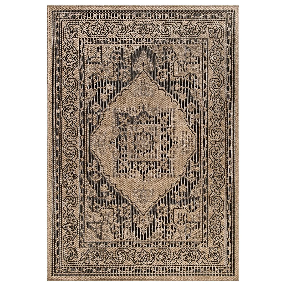 GAD - Classical Sisal-Inspired Indoor Outdoor Area Rug. Medallion. Bordered. Geometric Pattern. Fade and Stain Resistant