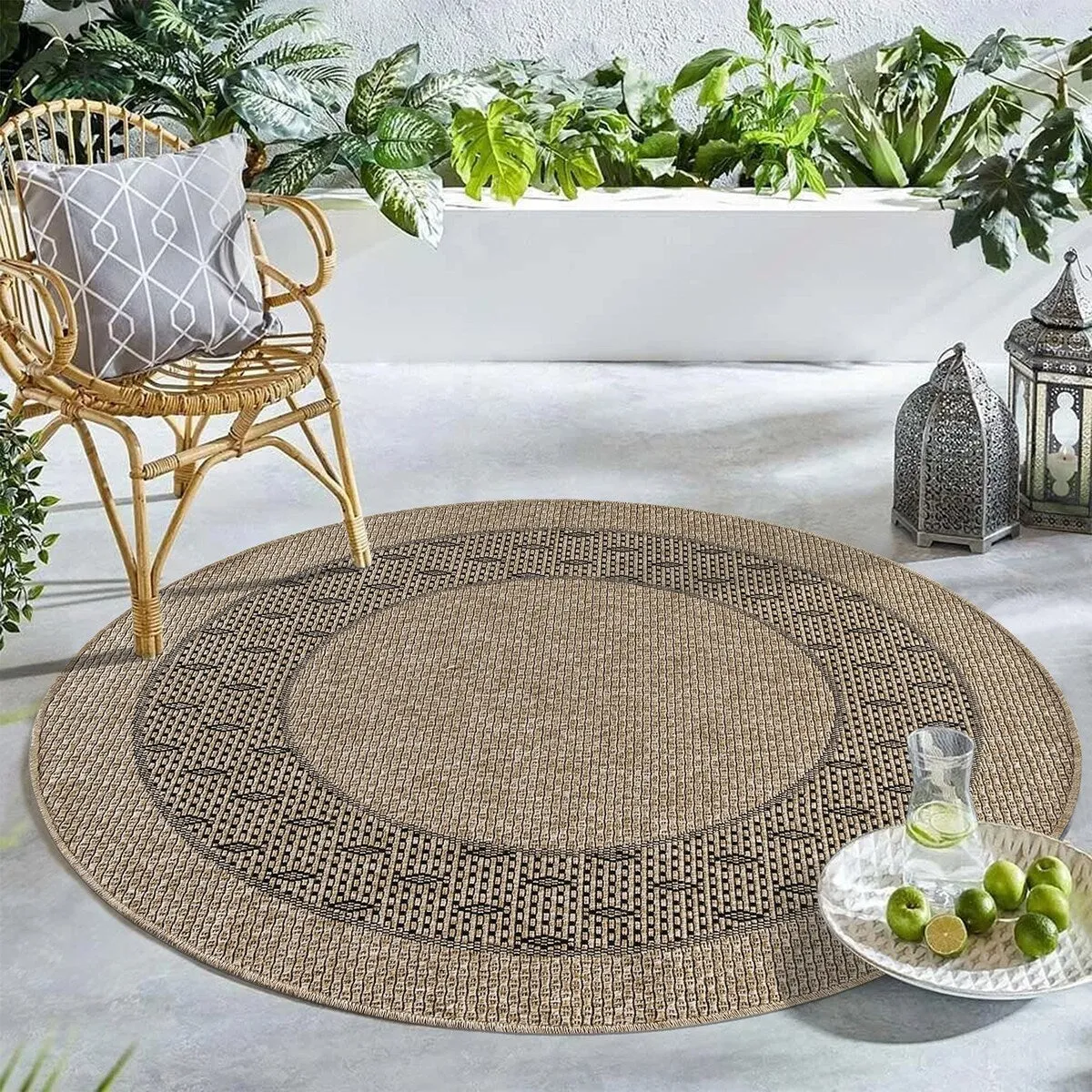 GAD - Classical Sisal-Inspired Indoor Outdoor Area Rug. Medallion. Bordered. Geometric Pattern. Fade and Stain Resistant