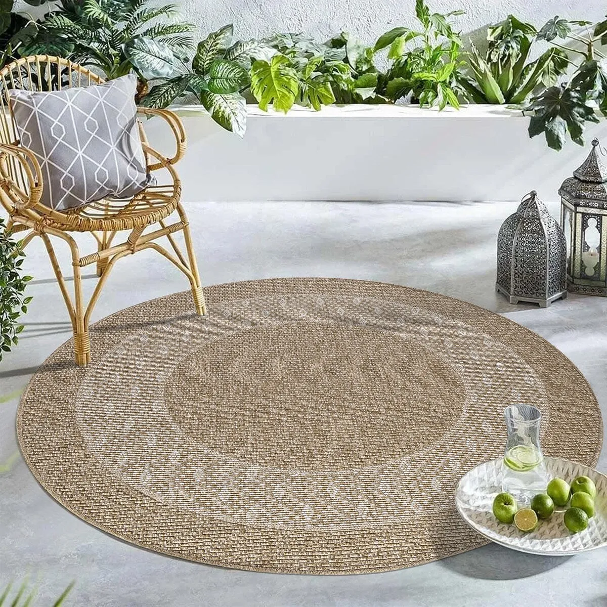 GAD - Classical Sisal-Inspired Indoor Outdoor Area Rug. Medallion. Bordered. Geometric Pattern. Fade and Stain Resistant
